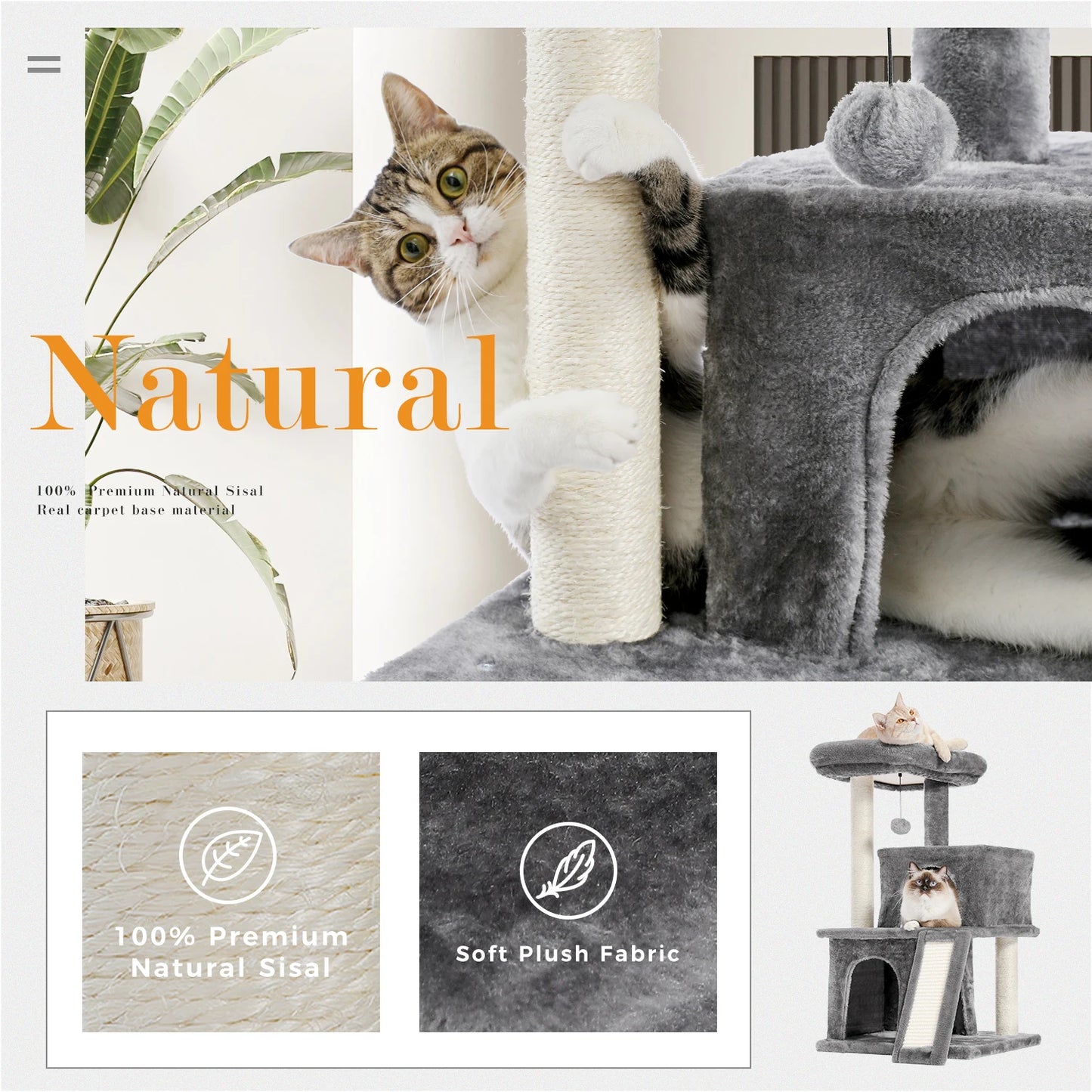 Tour en bois pour chats avec double condos – Perchoir spacieux, poteaux à griffer en sisal et jouets suspendus remplaçables