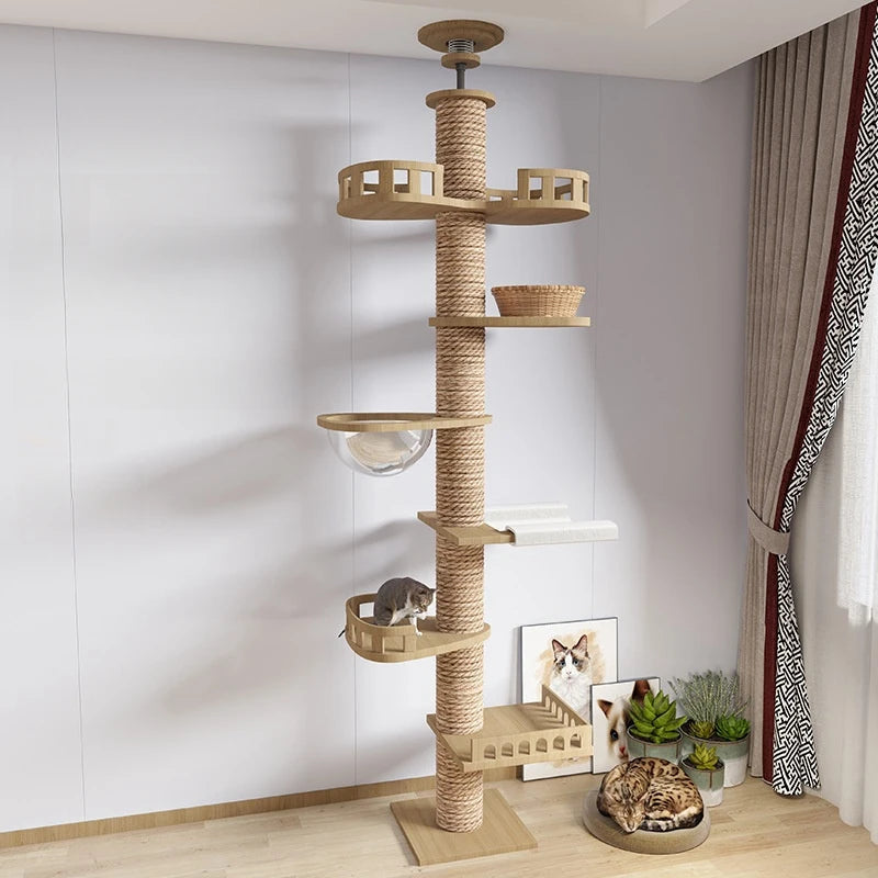 Arbre à chat griffoir plafond réglable avec hamac et condo multi-niveaux