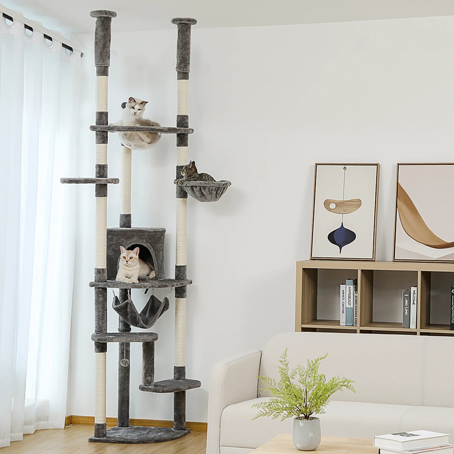 Arbre à chat fixation plafond – Tour avec griffoirs en sisal, condo douillet, hamac et hauteur réglable