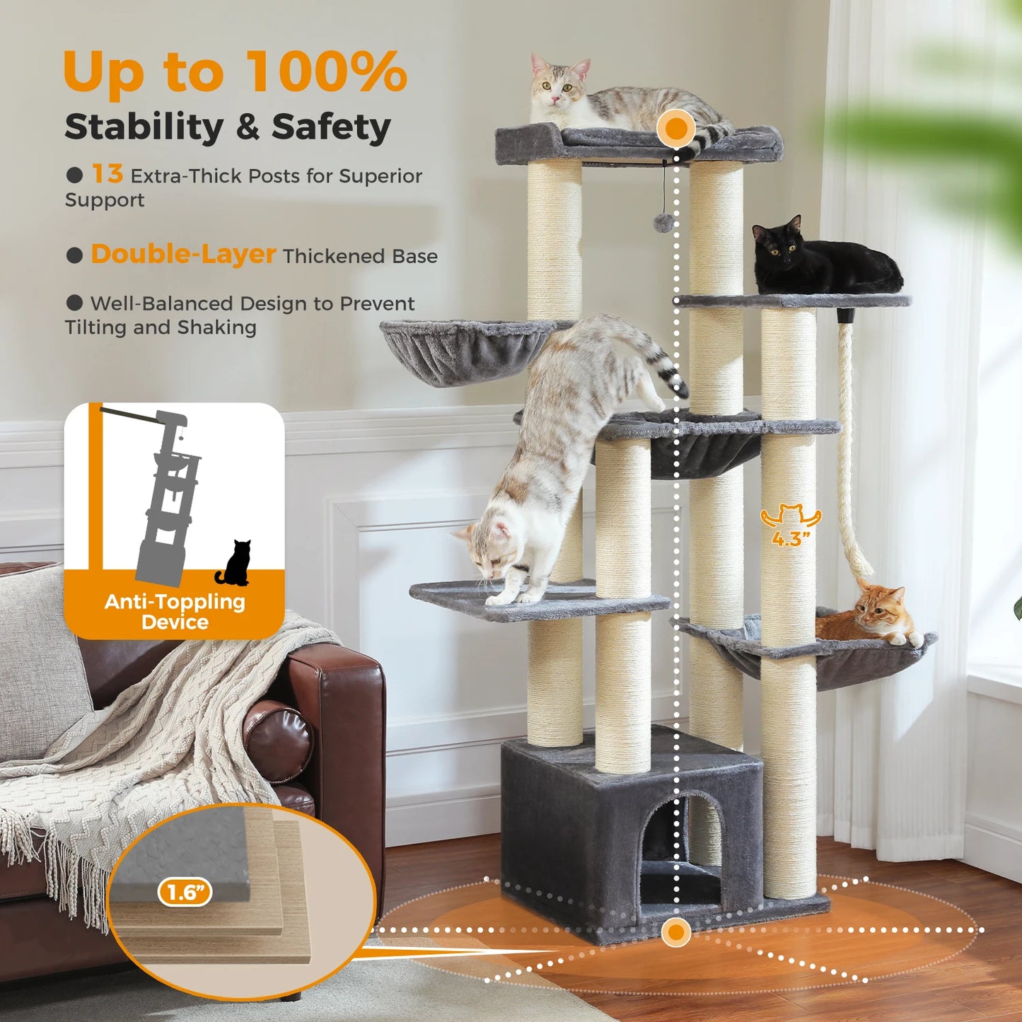 Arbre à chat XXL robuste pour grands chats – Tour avec maison, hamac, griffoirs en sisal et perchoirs multiples
