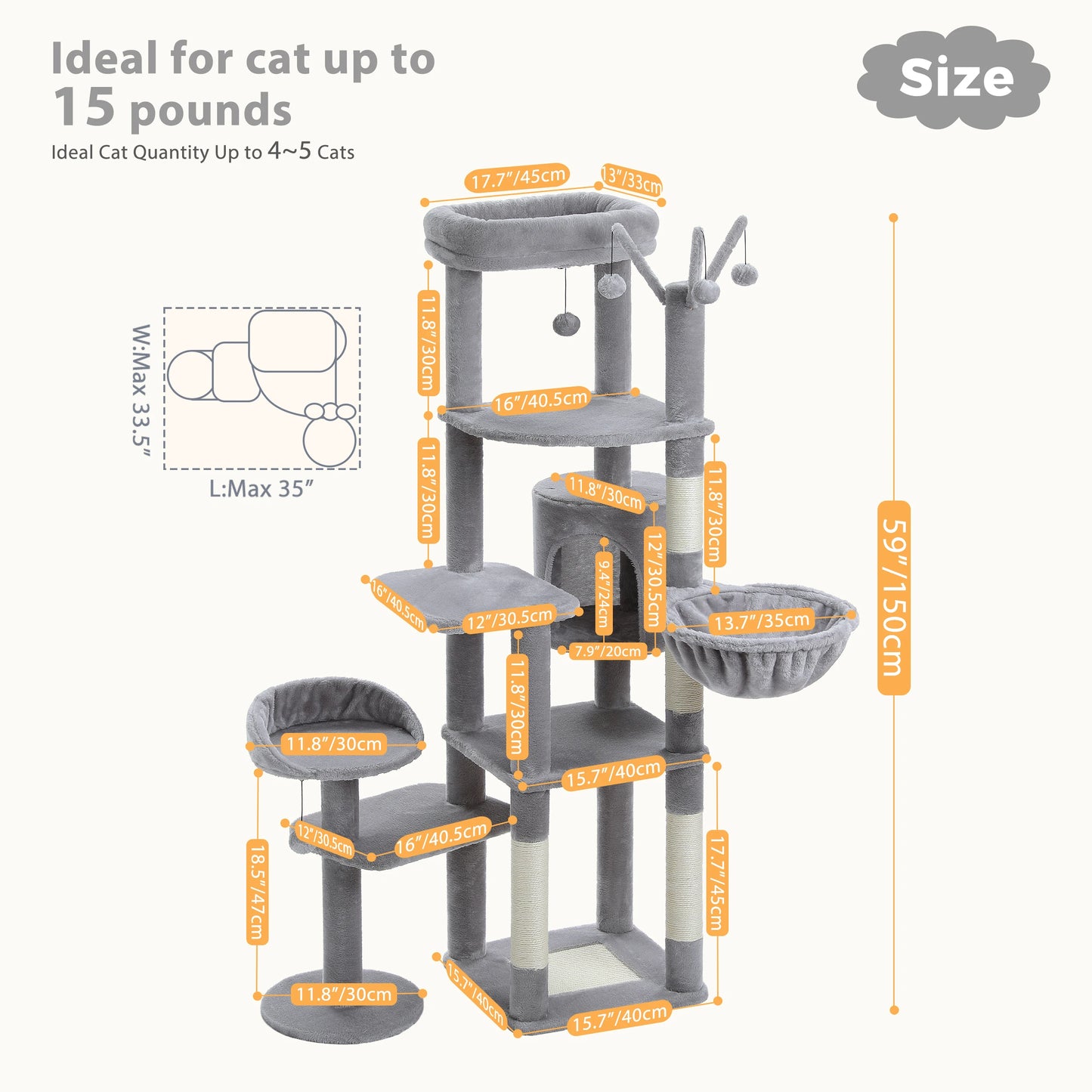 Arbre à chat XXL pour grands félins – Tour haute avec hamac géant, griffoirs en sisal et plateformes robustes