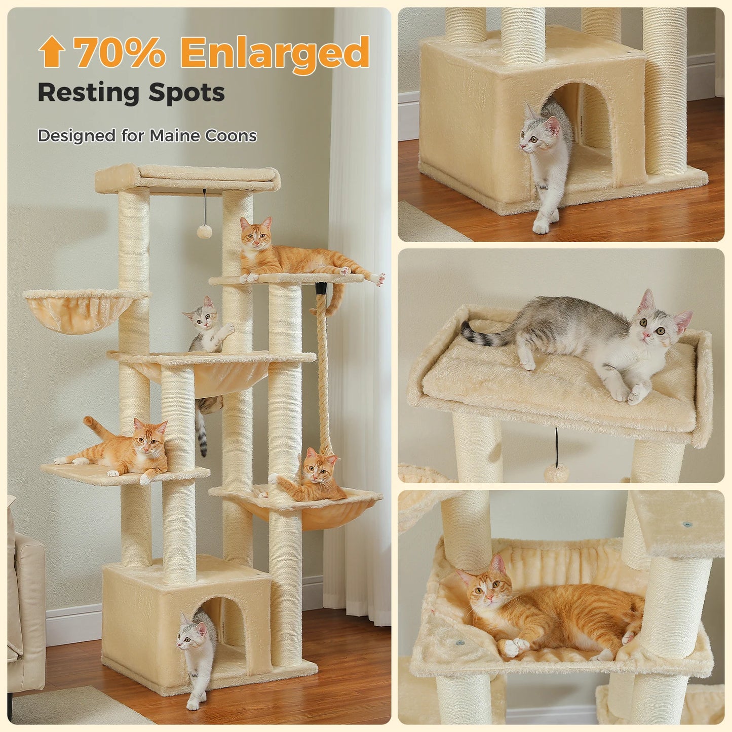 Arbre à chat XXL robuste pour grands chats – Tour avec maison, hamac, griffoirs en sisal et perchoirs multiples