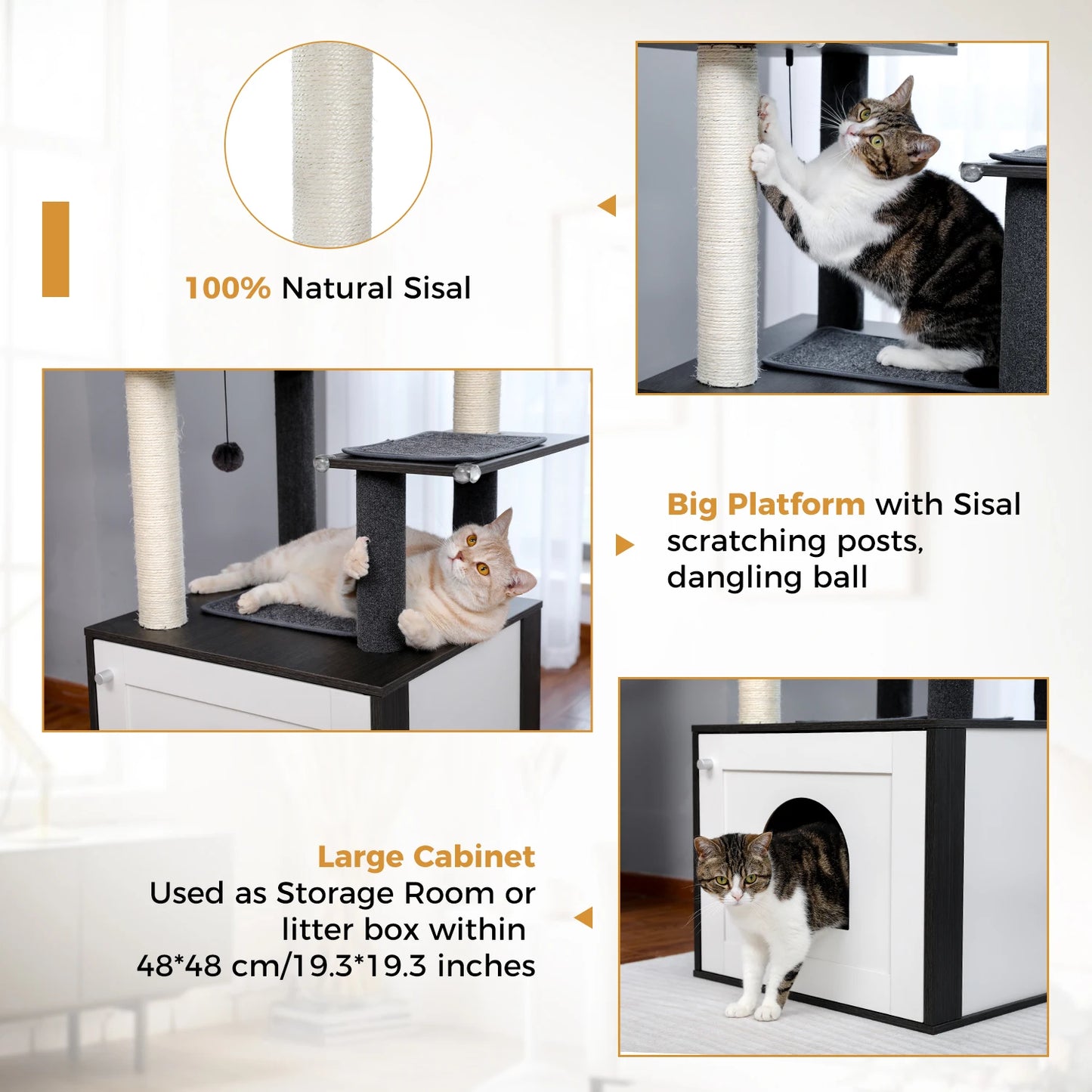 Tour en bois multi-niveaux pour chats d’intérieur – Condo spacieux, hamac douillet, perchoir surélevé, griffoirs en sisal et jouets intégrés