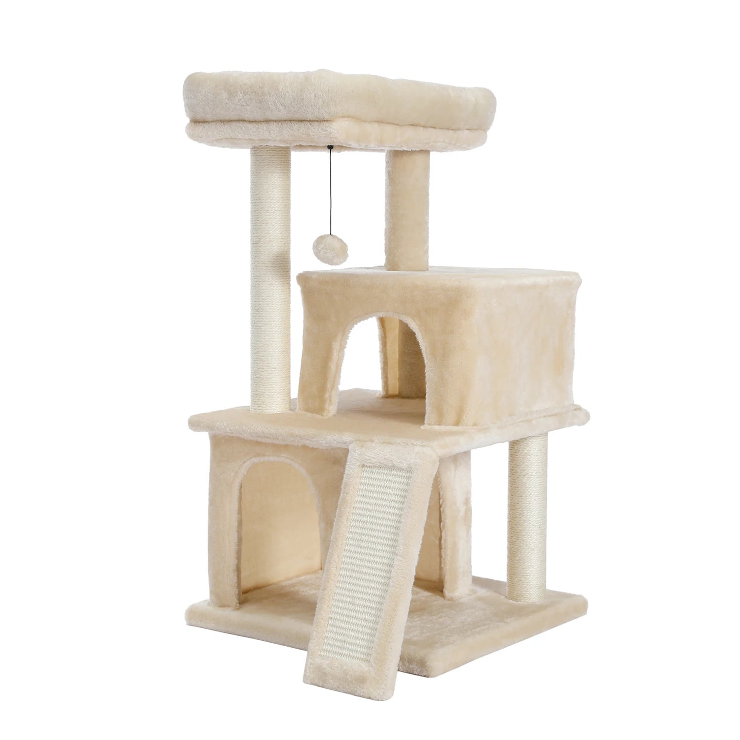 Tour en bois pour chats avec double condos – Perchoir spacieux, poteaux à griffer en sisal et jouets suspendus remplaçables