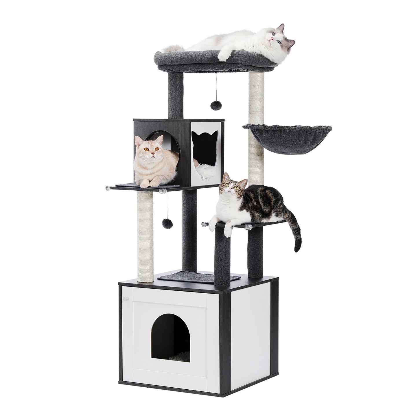 Tour en bois multi-niveaux pour chats d’intérieur – Condo spacieux, hamac douillet, perchoir surélevé, griffoirs en sisal et jouets intégrés