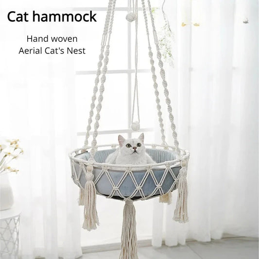 Hamac suspendu en corde pour chat – Panier tressé à accrocher en intérieur