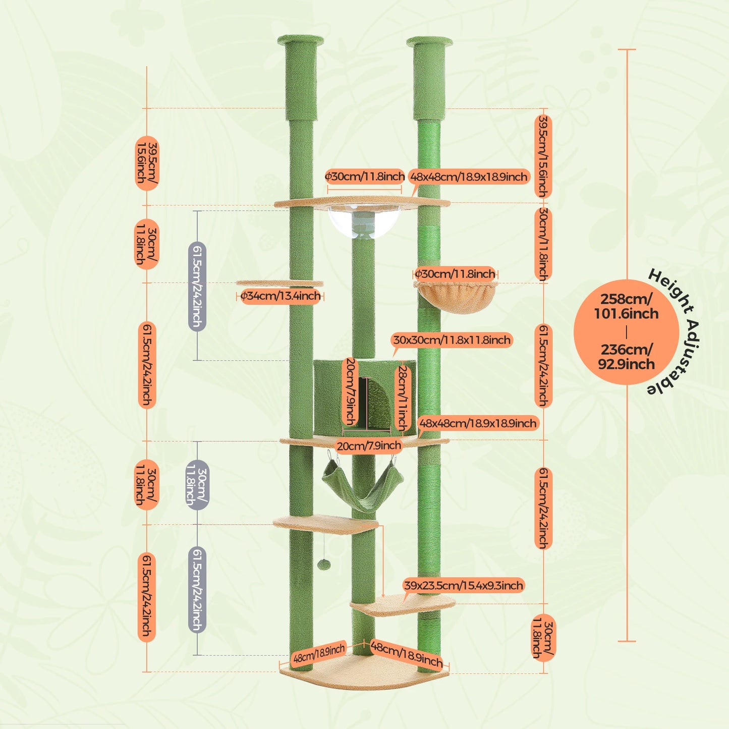 Arbre à chat fixation plafond – Tour avec griffoirs en sisal, condo douillet, hamac et hauteur réglable
