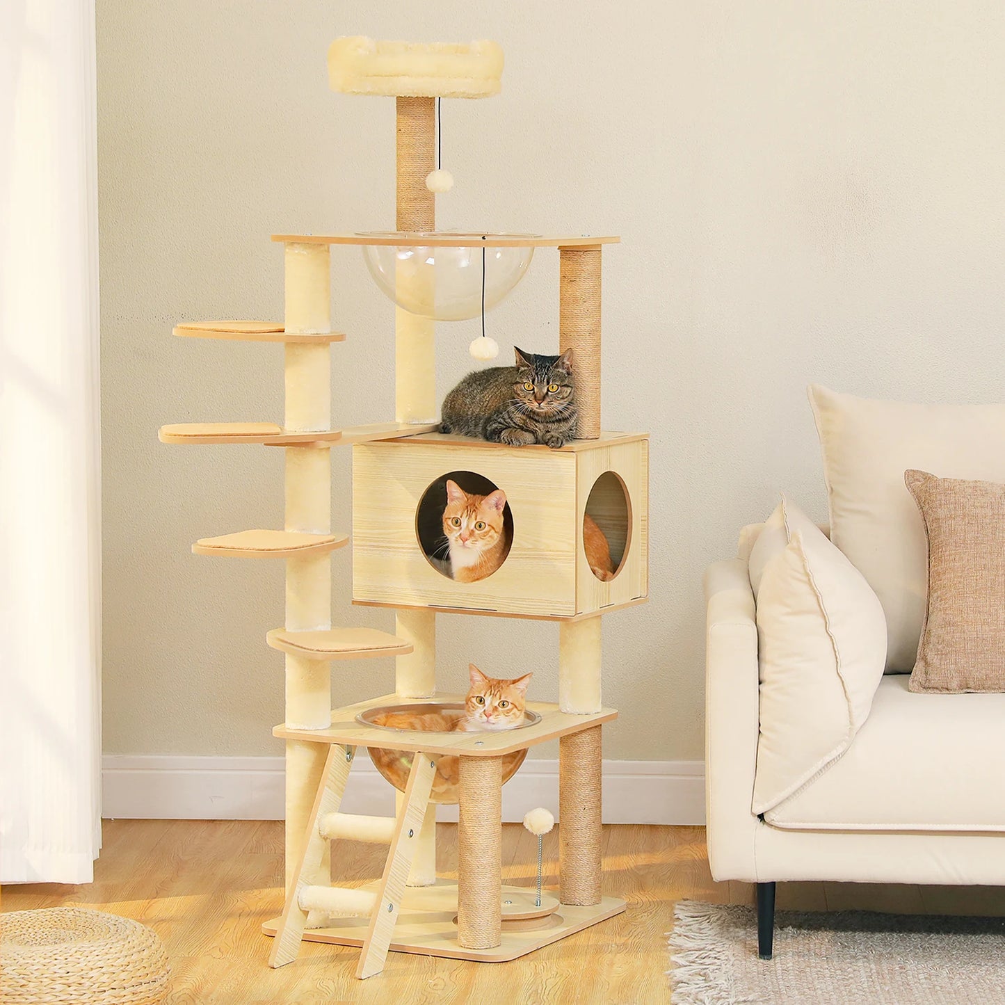 Arbre à chat en bois avec condo, hamac et griffoirs sisal XXL