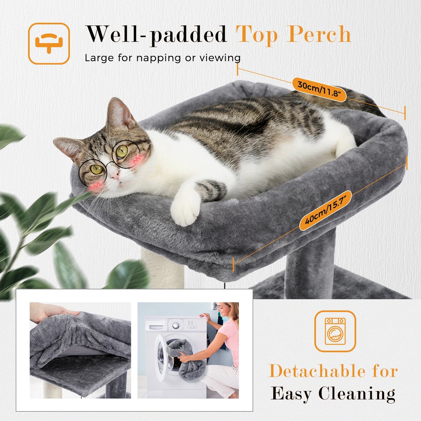 Tour en bois pour chats avec double condos – Perchoir spacieux, poteaux à griffer en sisal et jouets suspendus remplaçables
