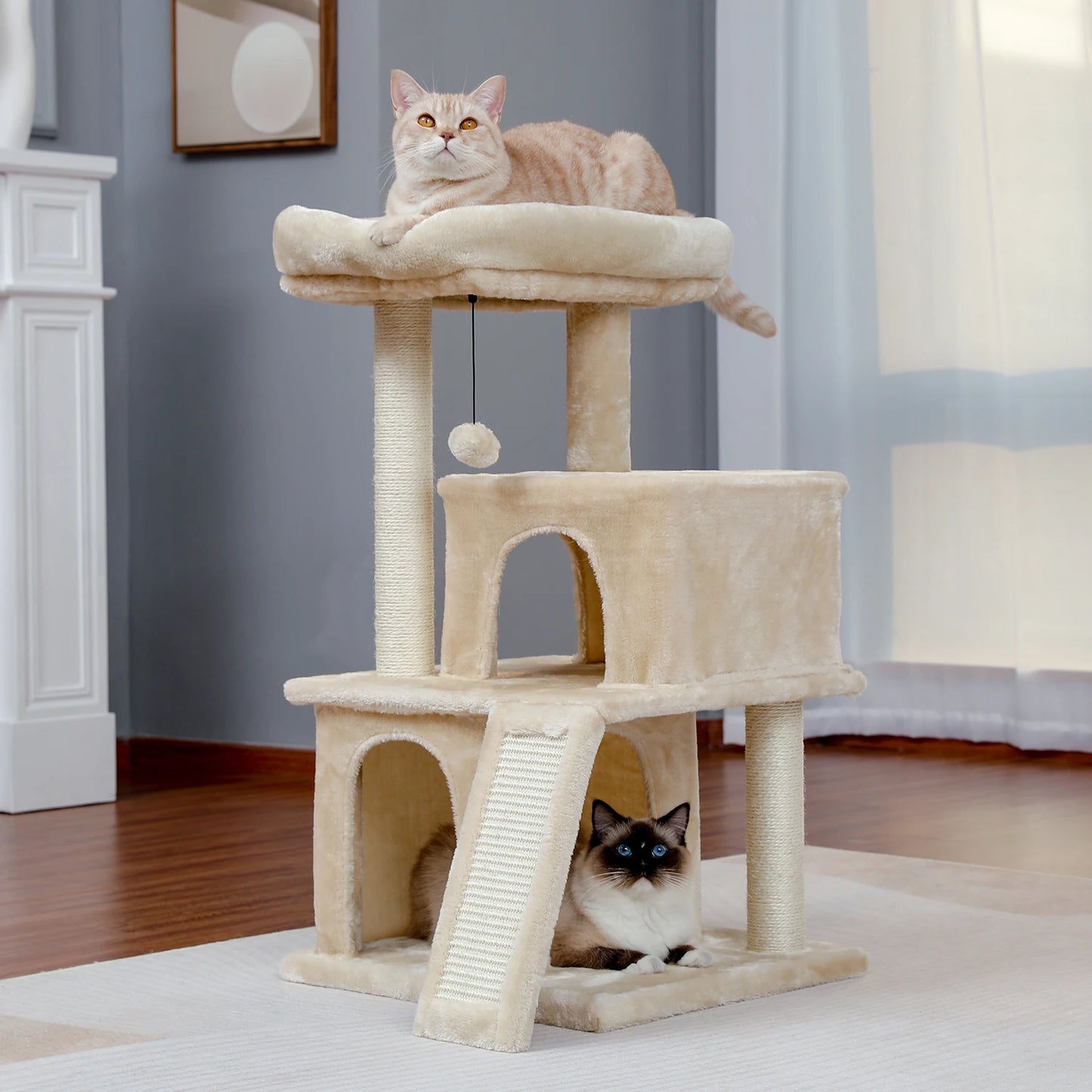 Tour en bois pour chats avec double condos – Perchoir spacieux, poteaux à griffer en sisal et jouets suspendus remplaçables